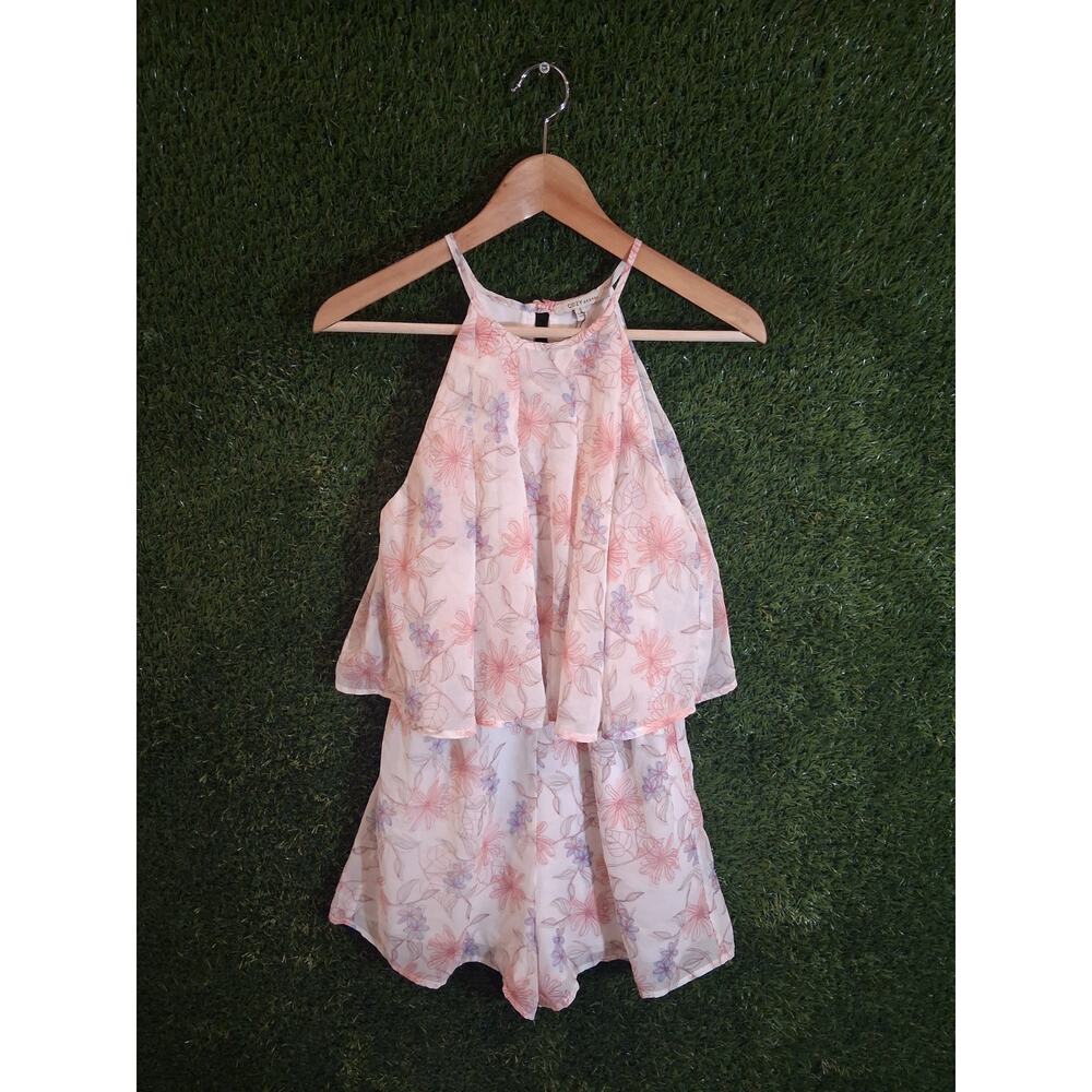 Cozy Casual Floral Romper Size S Small Halter Neck Layered Chiffon Pink Purple
